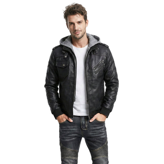 Distressed Leather Jacket Hooded Motorcycle Coat