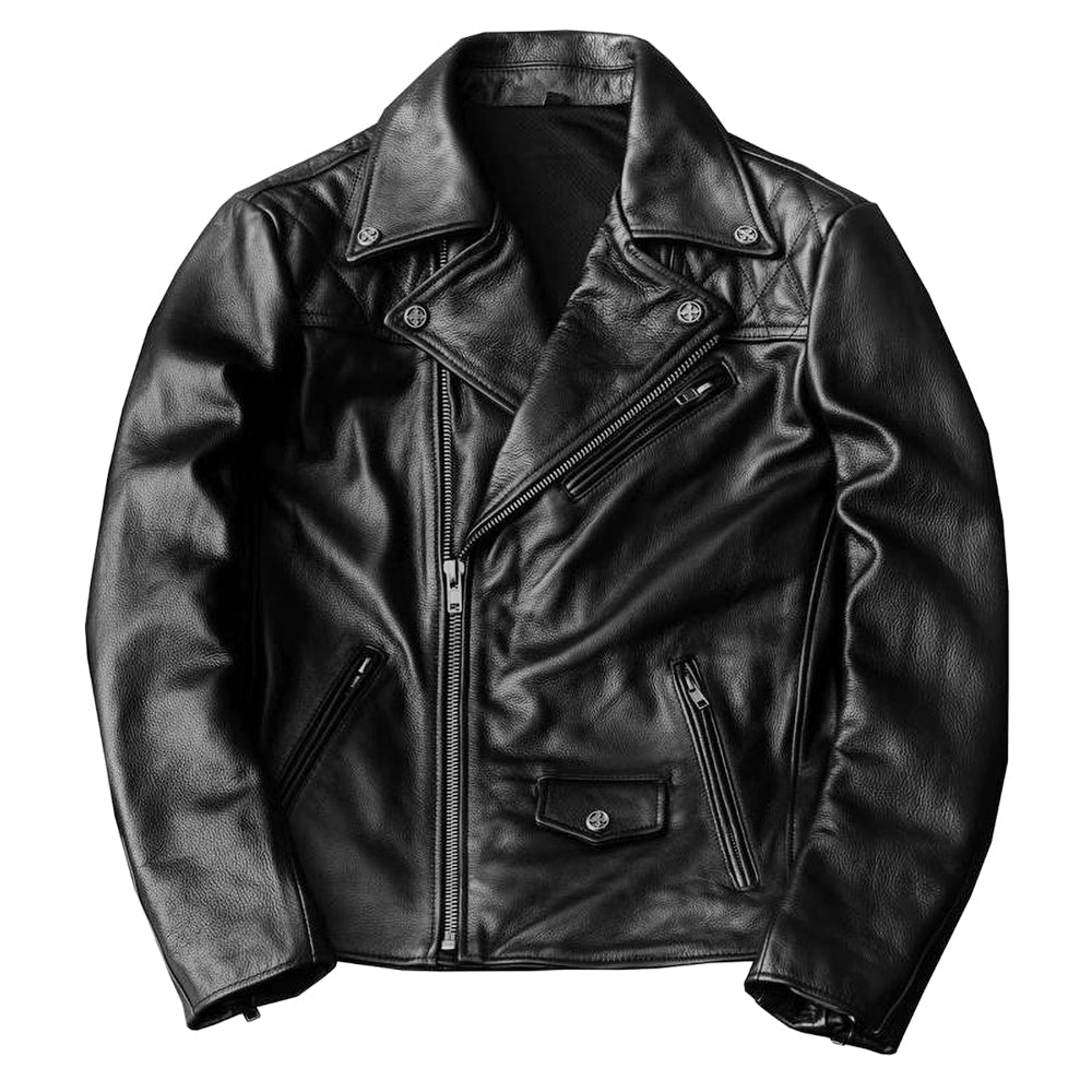 Large Lapel Plaid-Back Genuine Leather Jacket