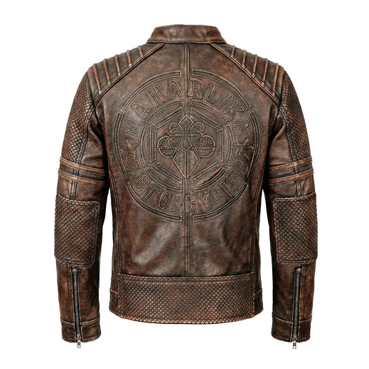 Heavy Brown Stand Collar Motorcycle Leather Jacket