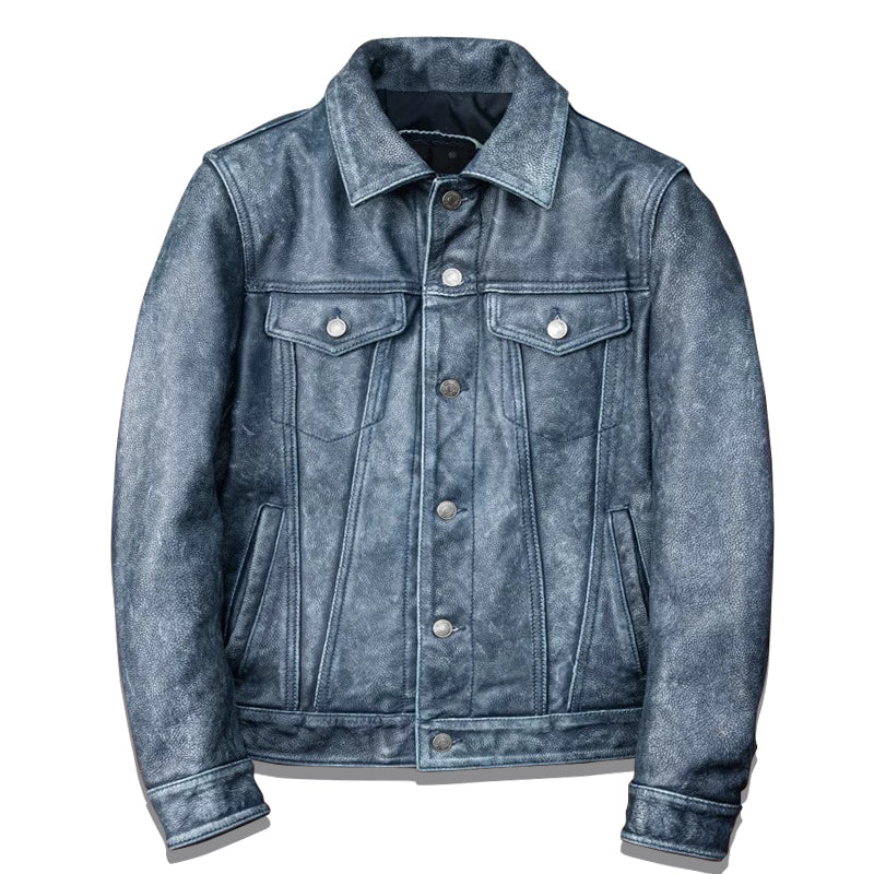 Amekaji Distressed Blue Genuine Leather Jacket