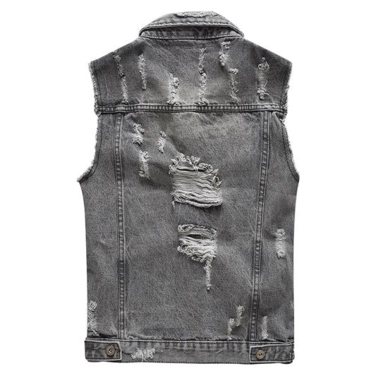 Ripped Denim Vest Grey For Motorcycle Bikers