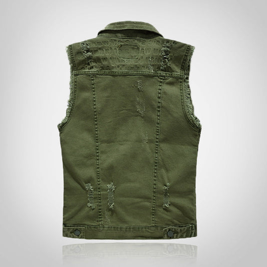 Debossed Printed Ripped Denim Vest