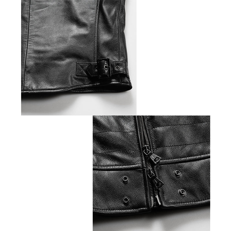 Striped Sew Double-Open Cowhide Leather Vest