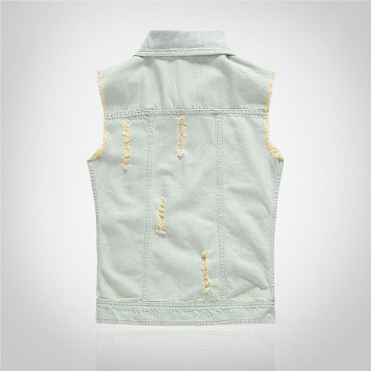 Badge-decorated Light Denim Vest