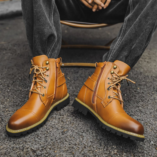 Men's Leather Two Zippers Motorcycle Boots