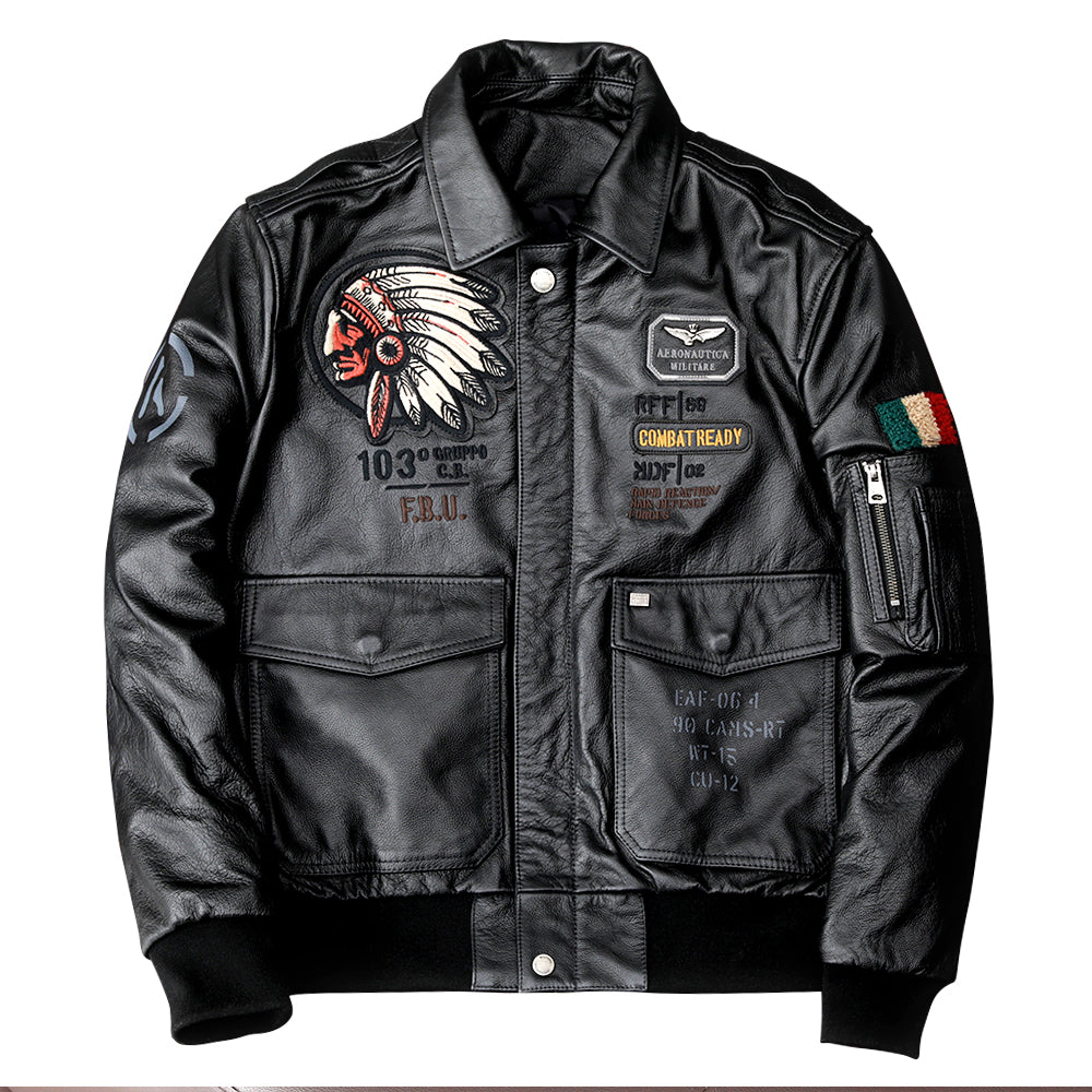 Men's Embroidered Bomber Flight Leather Jacket