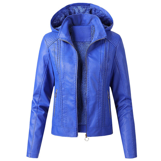 Women Faux Leather Jacket with Hood