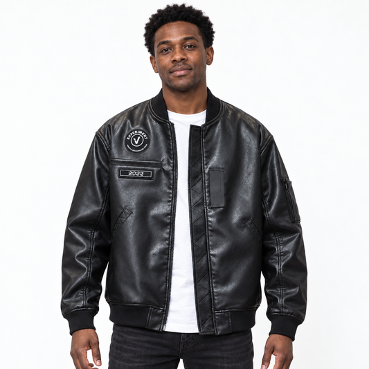 Men’s Ashford Faux Leather Bomber Jacket on model, front view