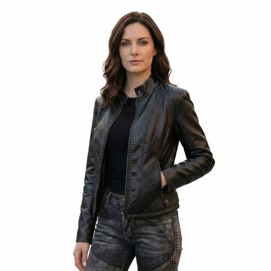 Women's Vegan Leather Moto Racer Jacket | Slim Fit