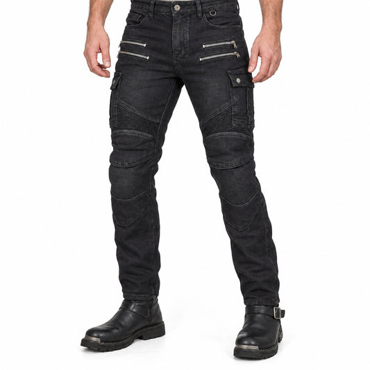 Fierce 4 Men's Winter Fleece-lined Motorcycle Jeans — front fit, waist-down studio view
