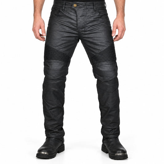 Men’s TX1 Coated Motorcycle Riding Trousers — front fit, waist-down studio view