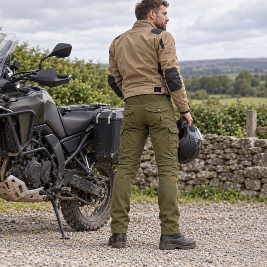 Motorcycle Racing Denim LB1 Trousers with Protective Pads – Army Green – lifestyle view