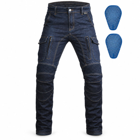 Men's K-2 Cordura Motorcycle Cargo Jeans – product and removable armour on white