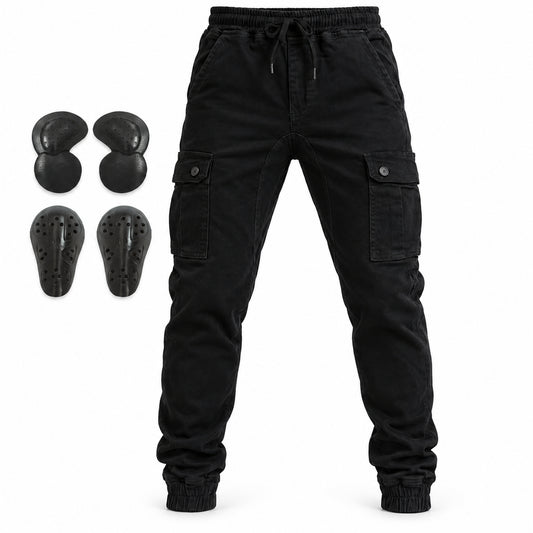 Rover 5 Men's Motorcycle Cargo Trousers All Seasons – product and removable armour on white