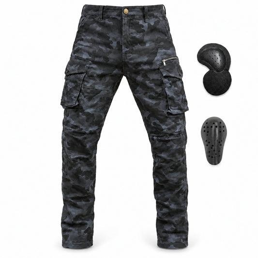 Force 11 Men's Motorcycle Trousers with Armour fit All Seasons – product and removable armour on white