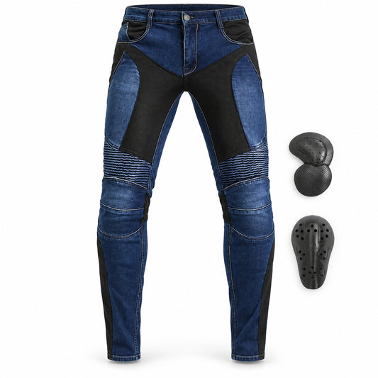 Furious 71 Men’s Summer Riding Jeans With Protection Gear – product and removable armour on white