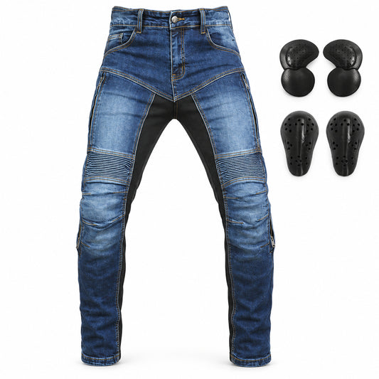 Vigilance 74 Kevlar Summer Jeans with Protection Gear – product and removable armour on white