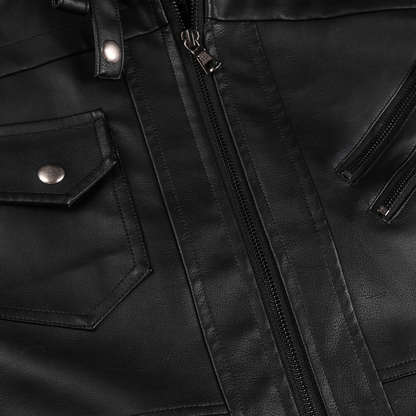Distressed Leather Jacket Hooded Motorcycle Coat