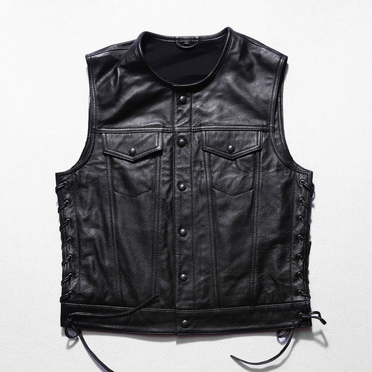 Motorcycle Skull Wings Leather Vest Side Laces