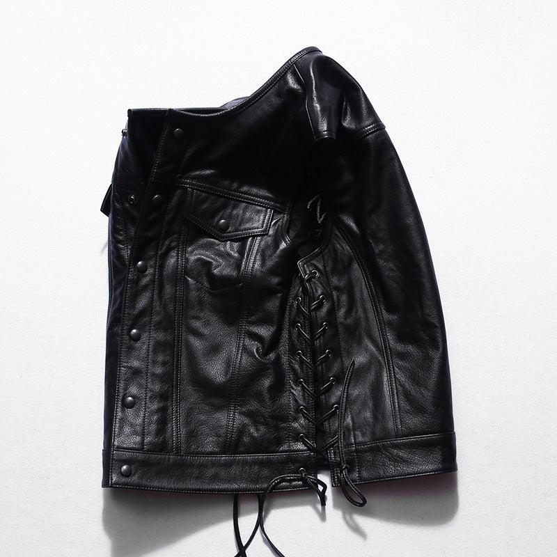 Motorcycle Skull Wings Leather Vest Side Laces