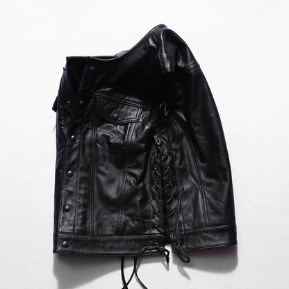 Motorcycle Skull Wings Leather Vest Side Laces