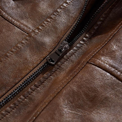 Motorcycle Zip-Front Leather Jacket with Hood