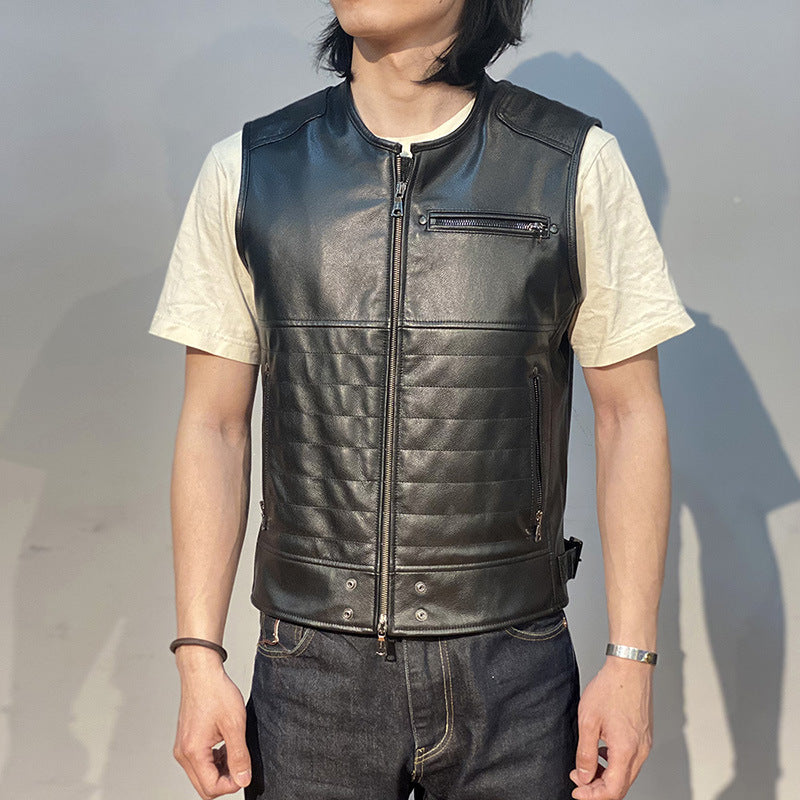 Striped Sew Double-Open Cowhide Leather Vest