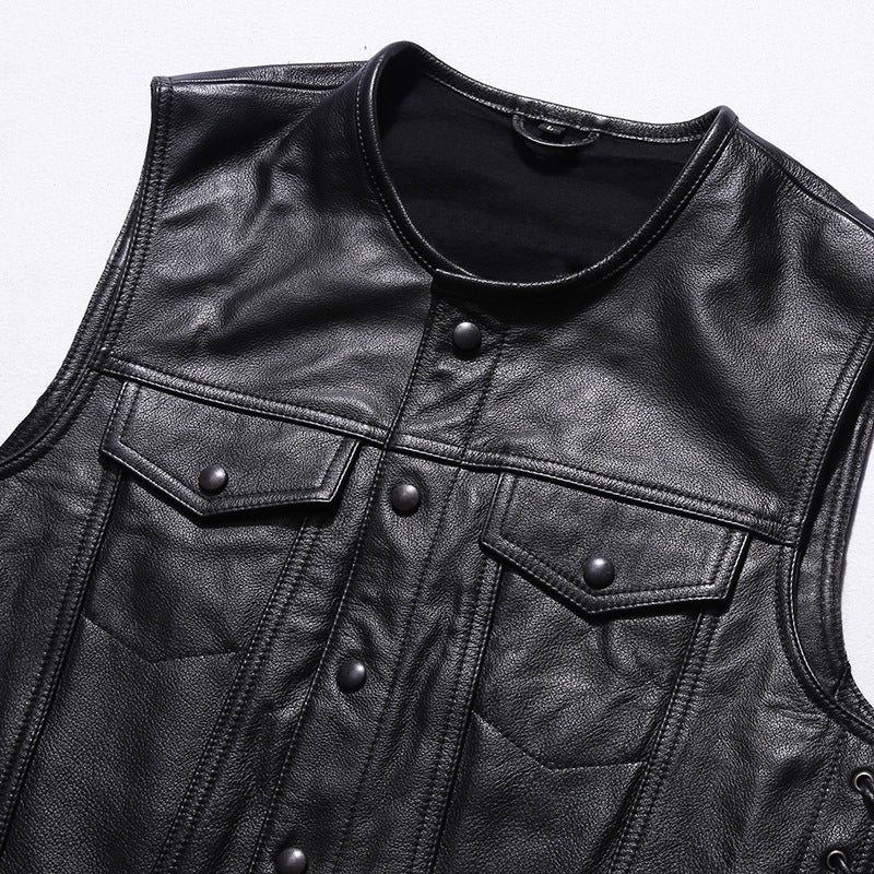 Motorcycle Skull Wings Leather Vest Side Laces