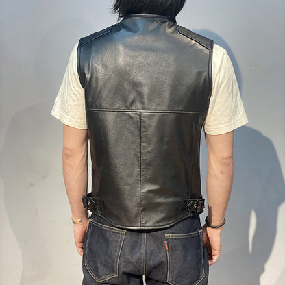 Striped Sew Double-Open Cowhide Leather Vest