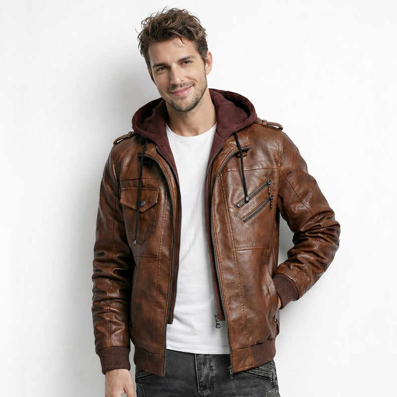 Motorcycle Zip-Front Leather Jacket with Hood