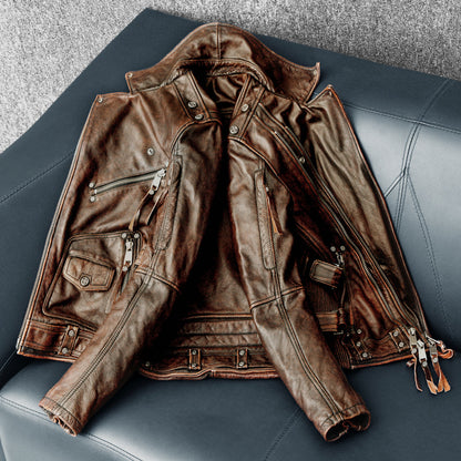 Nostalgic Retro Motorcycle Genuine Leather Jacket