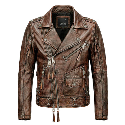Nostalgic Retro Motorcycle Genuine Leather Jacket