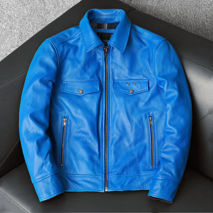 Korean Style Blue Biker Leather Jacket