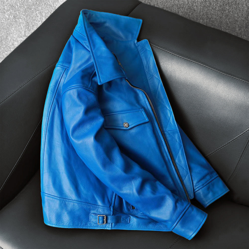 Korean Style Blue Biker Leather Jacket