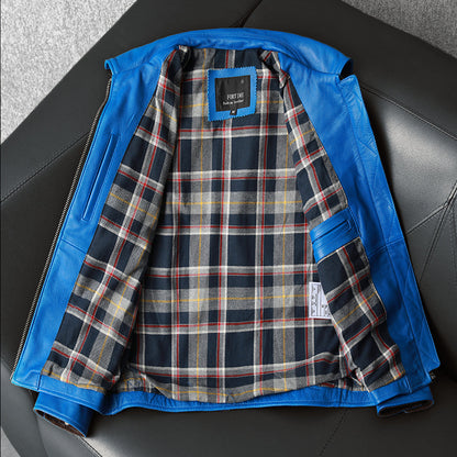 Korean Style Blue Biker Leather Jacket