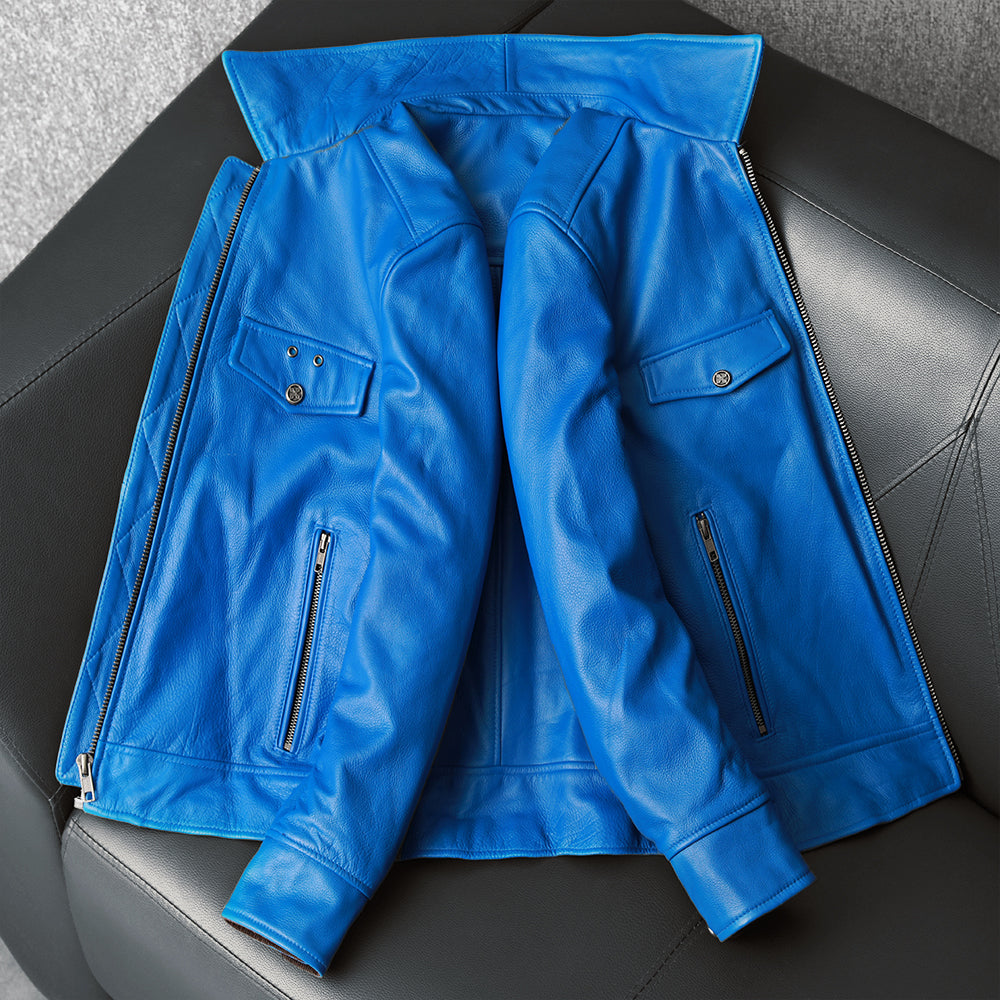 Korean Style Blue Biker Leather Jacket