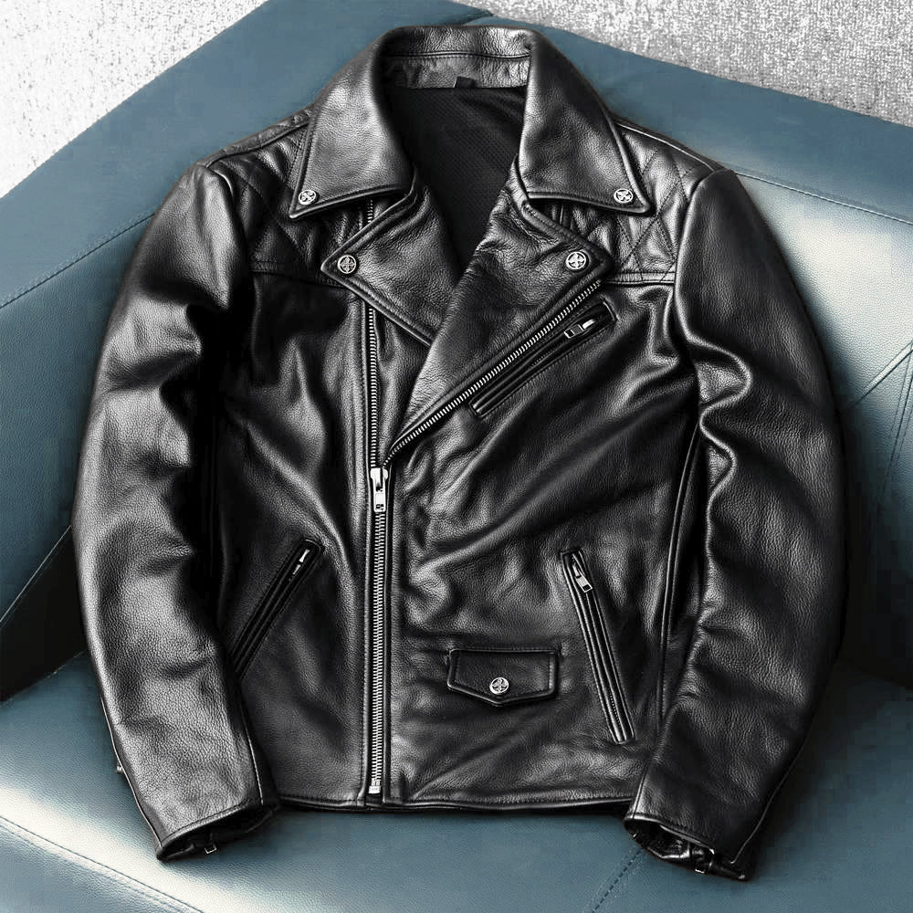 Large Lapel Plaid-Back Genuine Leather Jacket