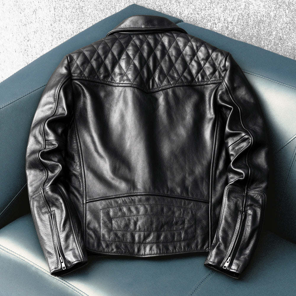 Large Lapel Plaid-Back Genuine Leather Jacket