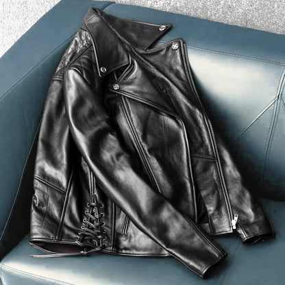 Large Lapel Plaid-Back Genuine Leather Jacket