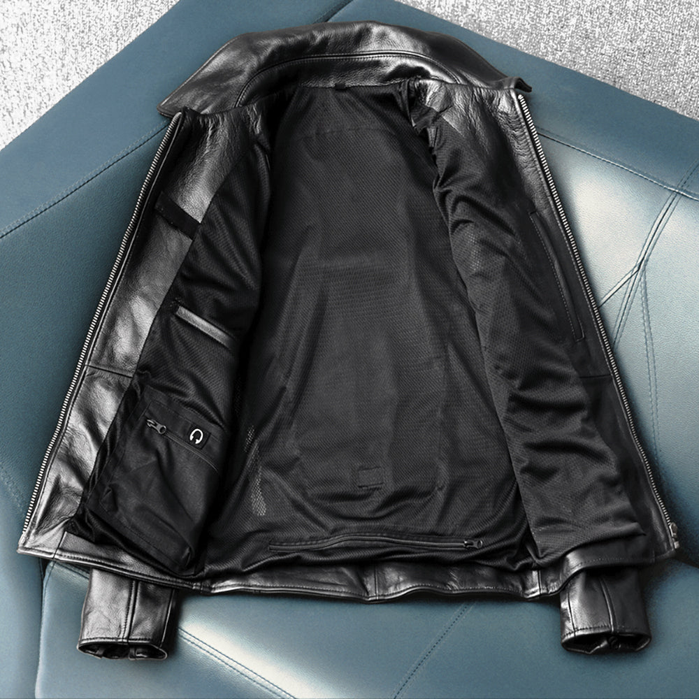 Large Lapel Plaid-Back Genuine Leather Jacket