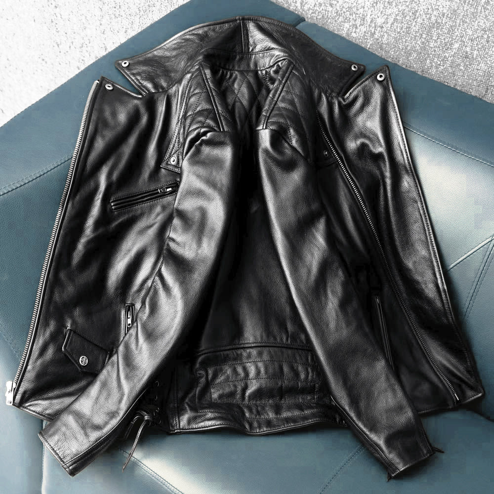 Large Lapel Plaid-Back Genuine Leather Jacket