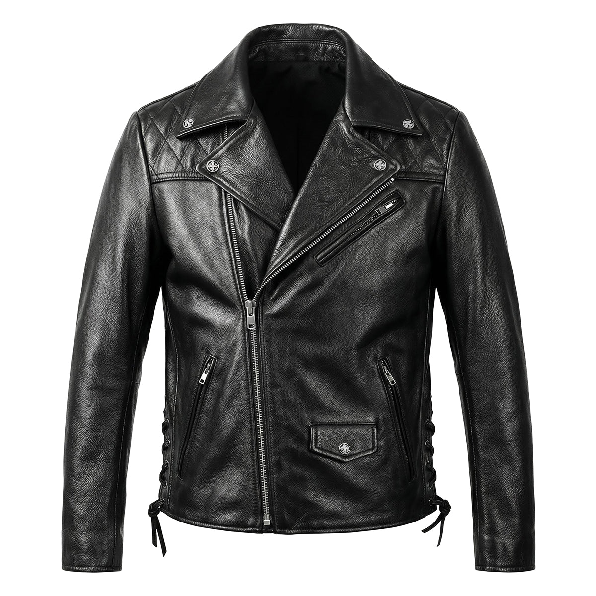 Large Lapel Plaid-Back Genuine Leather Jacket