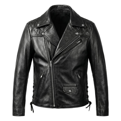 Large Lapel Plaid-Back Genuine Leather Jacket