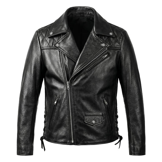 Large Lapel Plaid-Back Genuine Leather Jacket