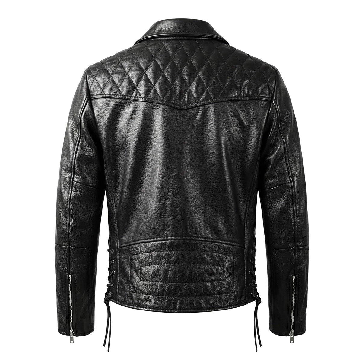 Large Lapel Plaid-Back Genuine Leather Jacket