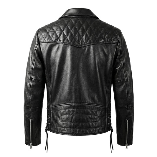 Large Lapel Plaid-Back Genuine Leather Jacket