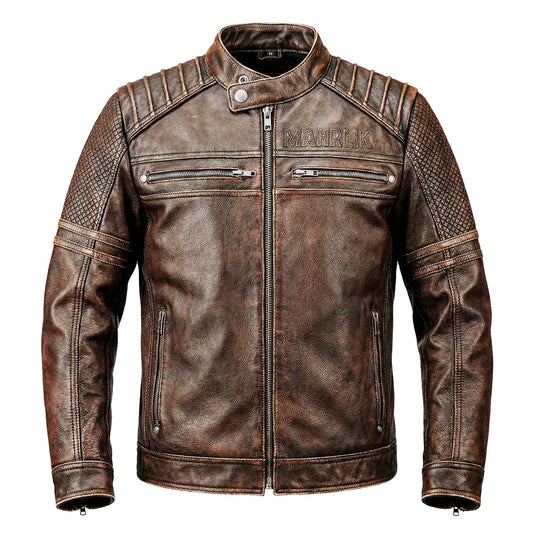 Heavy Brown Stand Collar Motorcycle Leather Jacket