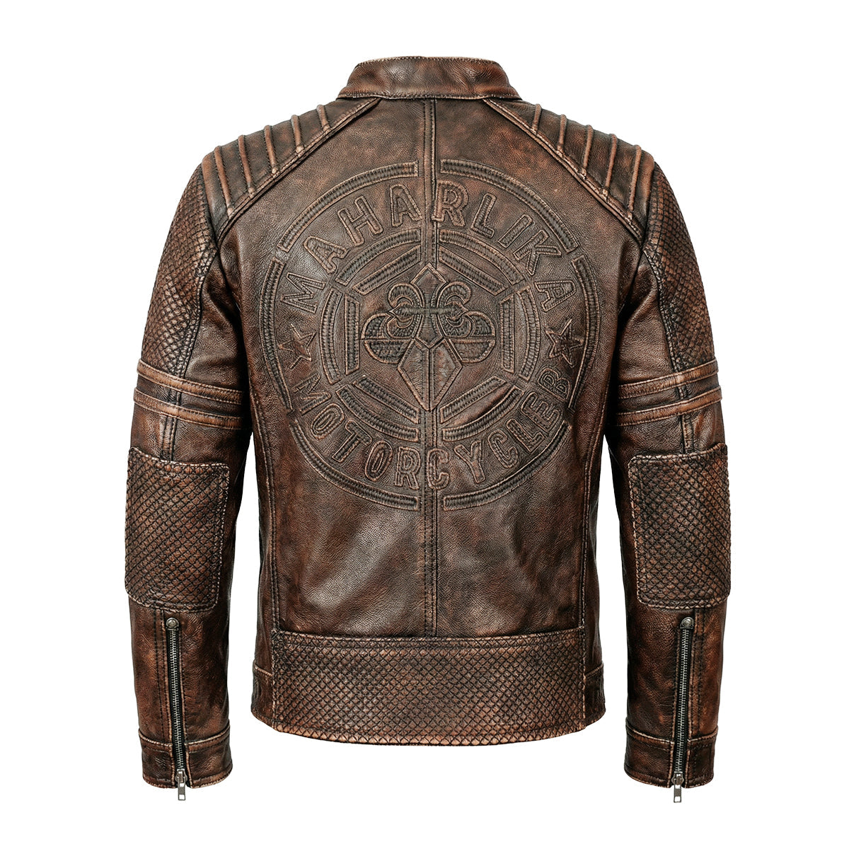 Heavy Brown Stand Collar Motorcycle Leather Jacket