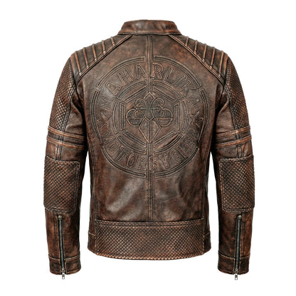 Heavy Brown Stand Collar Motorcycle Leather Jacket