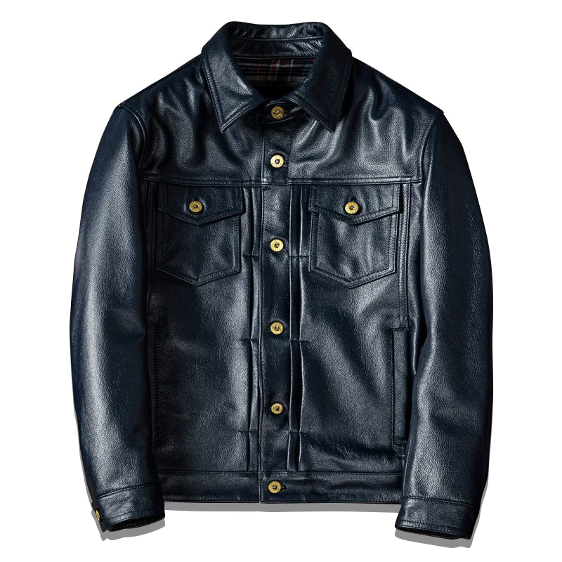 Blue Genuine Leather Jacket with Denim Look